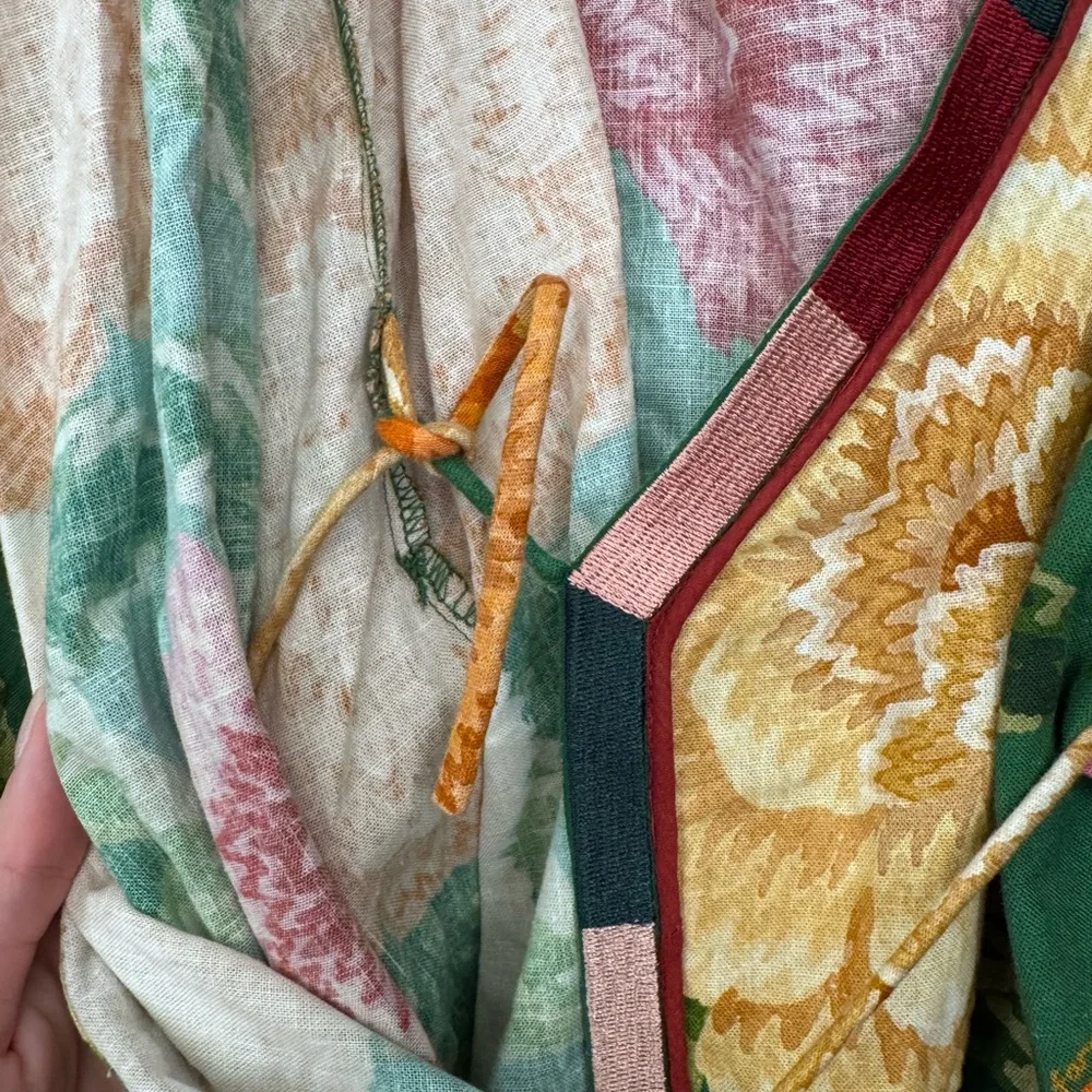 FARM Rio Green Floral Wrap Top with Pink, Yellow & Orange Blooms